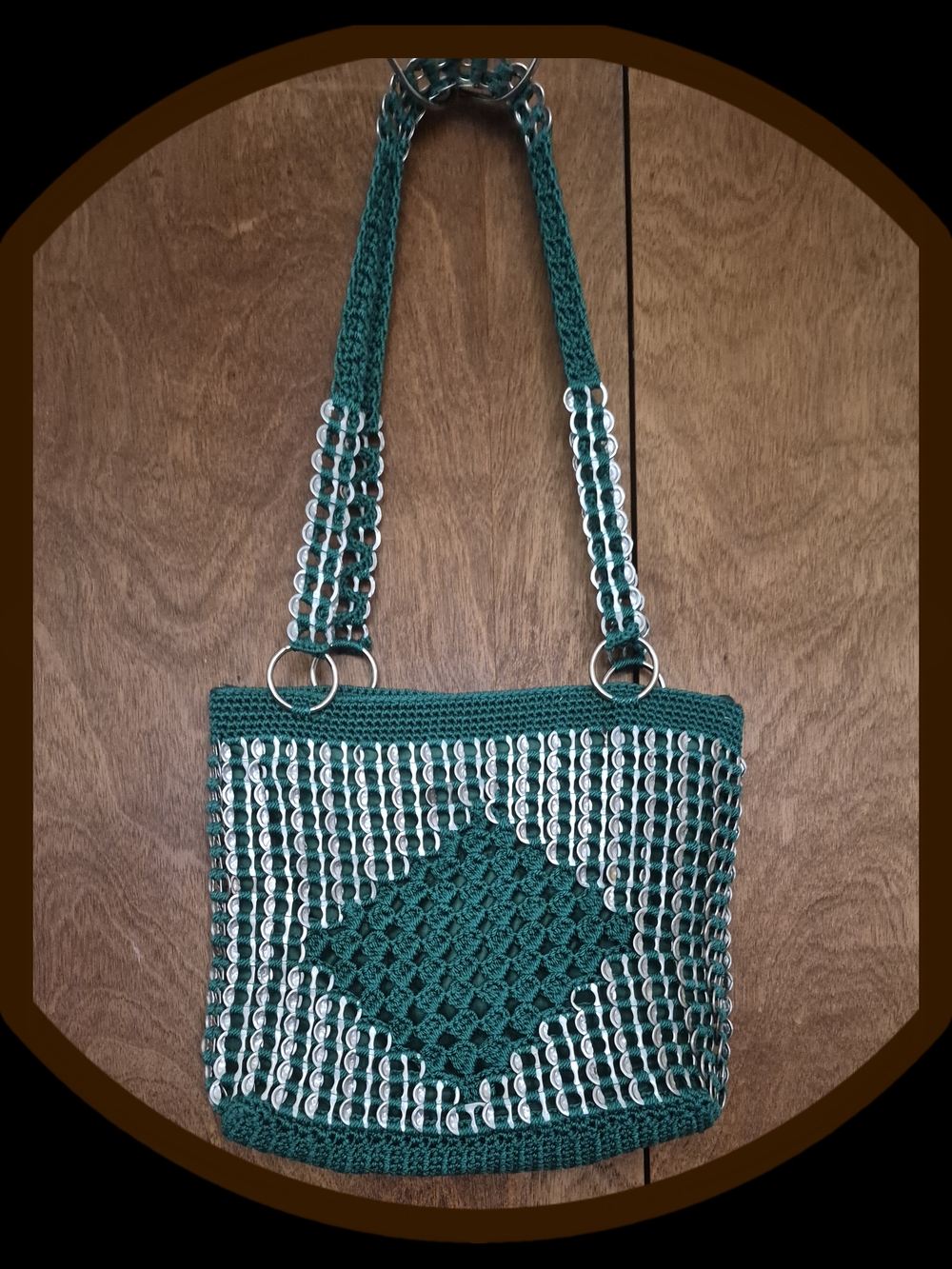 Unique Green Crocheted Knit Silver Can Tab Tote Bag w/Diamond & Metal Hooping